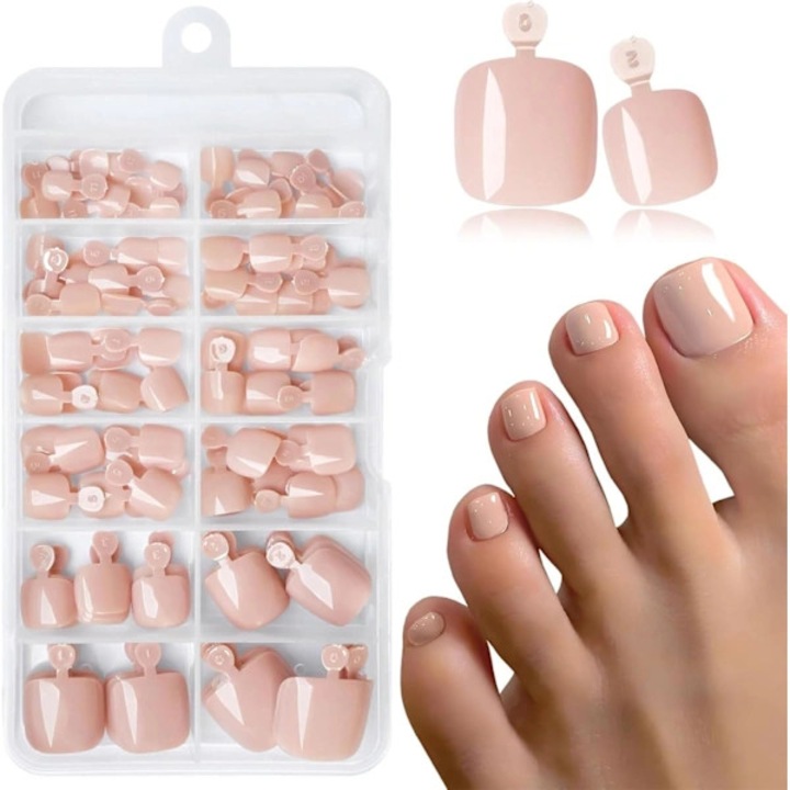 Set 120 unghii false pedichiura, patrate scurte, adeziv, rosu, diverse marimi