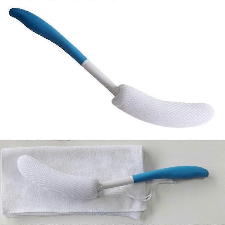 Perie de baie cu maner curbat albastru 39cm, antiderapant, pentru seniori