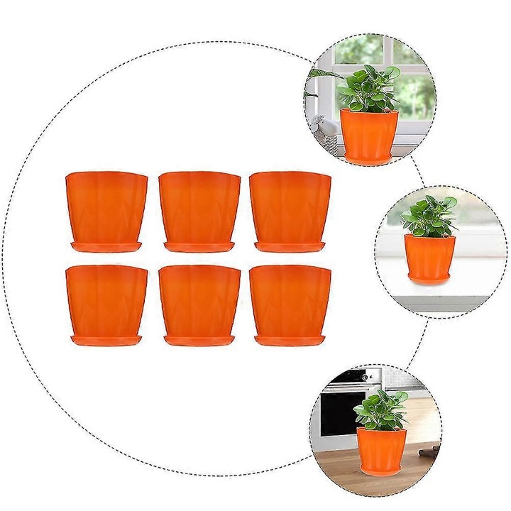 Set 6 ghivece mini pentru plante, plastic, portocaliu, 13x13x11.5cm, cu tavita