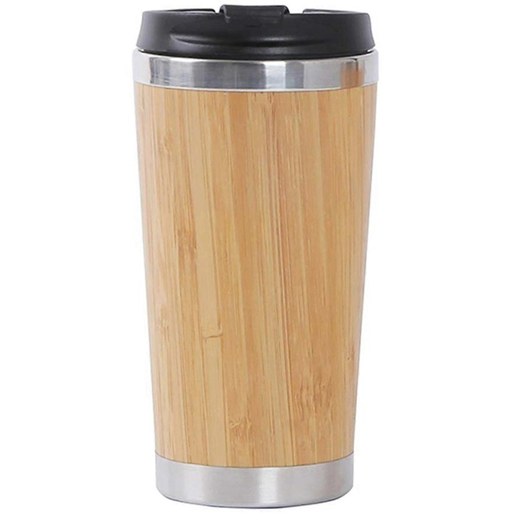 Set 2 cani de cafea, bambus si inox, 450ml, etanse, 6.7x8.3x17.8cm, culoare bambus
