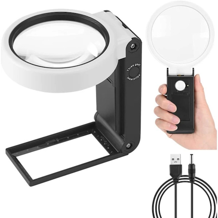 Lupa portabila LED, 10x 30x, iluminare, suport pliabil, transparenta