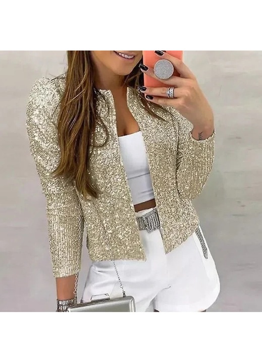 Cardigan dama, sclipitor, cu paiete, deschis in fata, auriu, casual, L INTL