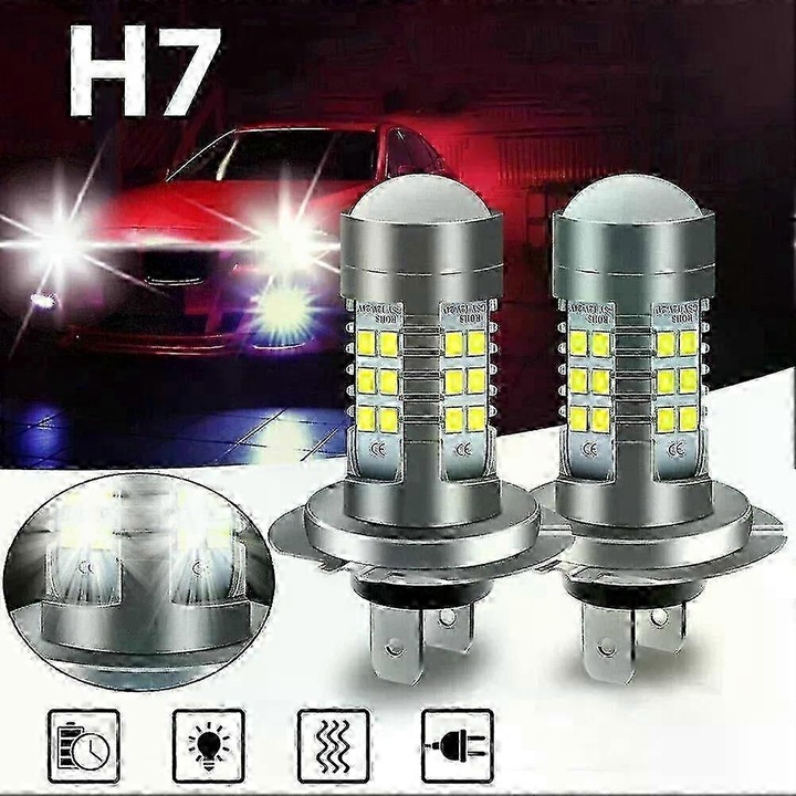 Set 2 Becuri LED Auto H7 Alb 8.5x4 cm 12V
