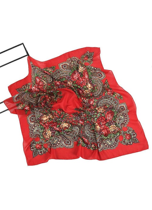 Esarfa patrata 80x80cm, model floral etnic, acrilic bumbac, multicolor
