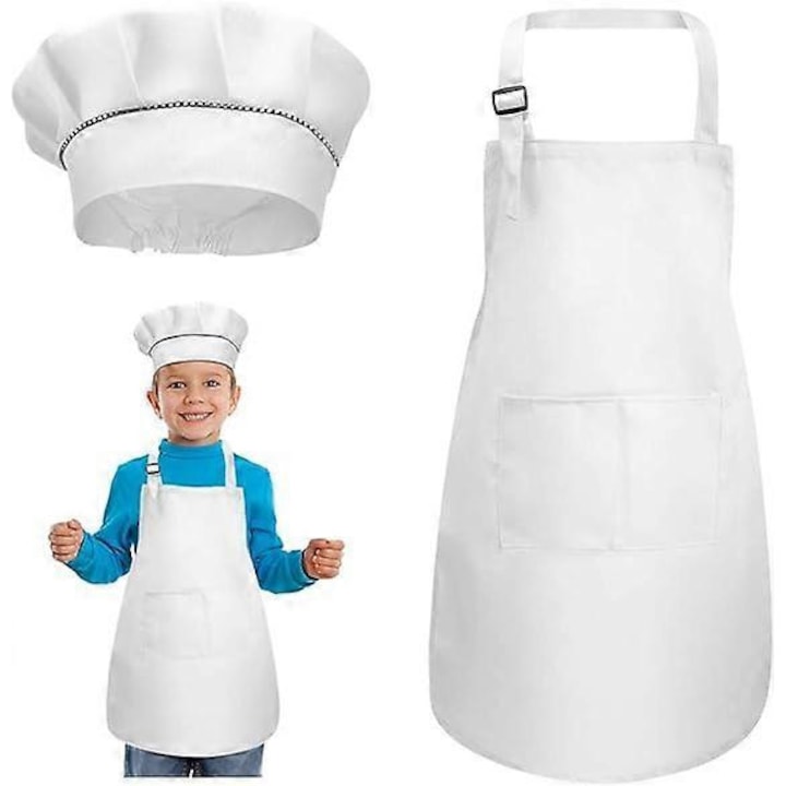 Set sort si sapca bucatar copii ajustabil, cu buzunare, alb, marimi M-L