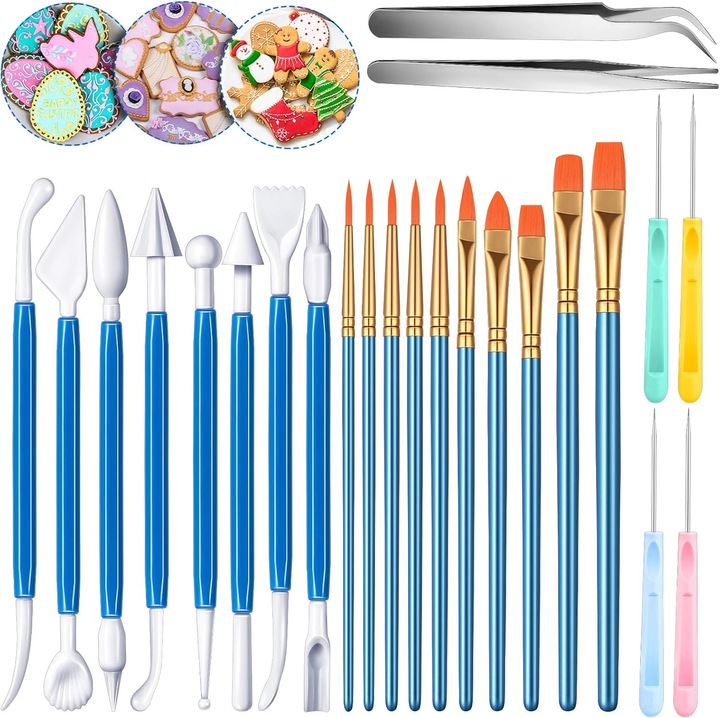 Set Decorare Patiserie/Cofetarie, Swejah,24 Piese, Plastic, cu Pensule, Ac pentru Amestecarea Glazurii, Instrumente pentru Modelarea Fondantului, Penseta.pentru Prajituri, Bomboane, Fondant, Albastru