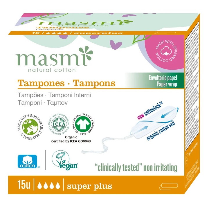 Tampoane Masmi Super Plus, 100% bumbac organic, hipoalergenice, 15 buc