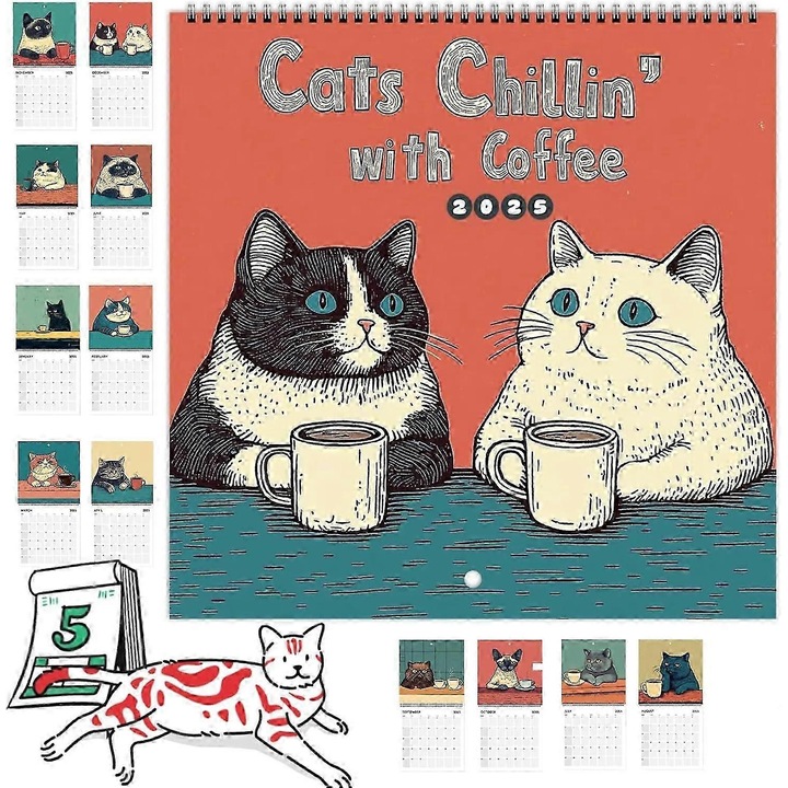 Calendar perete 2025, pisici amuzante, cafea, 21.5x21.5cm