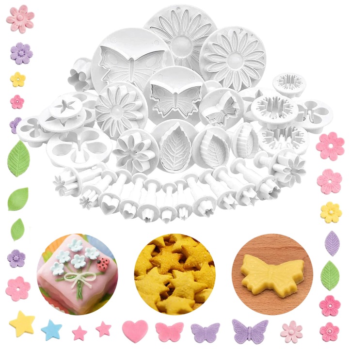 Set Accesorii Ornat pentru Patiserie/Cofetarie, Swejah,33 Piese, Decupatoare pentru Fondant,10 Forme Diferite, Inclusiv Flori, Frunze si Fluturi, DIY Accesorii pentru Coacere, Alb