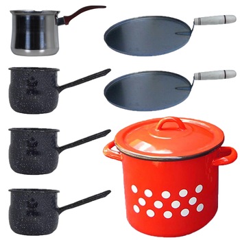 Pachet - 3 x Ibric emailat bombat, 1L + 2 x Tava copt legume, 29cm + Ibric din inox, 1.2L + Oala emailata cu capac si buline, 3L Pachet - 3 x Ibric emailat bombat, 1L + 2 x Tava copt legume, 29cm + Ibric din inox, 1.2L + Oala emailata cu capac si buline, 3L