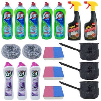 Pachet - 3 x Ibric bombat emailat, 600ml + 3 x Cif crema, lila flower, 500ml + 2 x Sano Forte pentru aragaz, 500ml + 5 x Pur detergent lichid de vase, mar verde, 750ml + 3 x Set 2 bureti de vase + 2 x Burete de sarma Pachet - 3 x Ibric bombat emailat, 600ml + 3 x Cif crema, lila flower, 500ml + 2 x Sano Forte pentru aragaz, 500ml + 5 x Pur detergent lichid de vase, mar verde, 750ml + 3 x Set 2 bureti de vase + 2 x Burete de sarma
