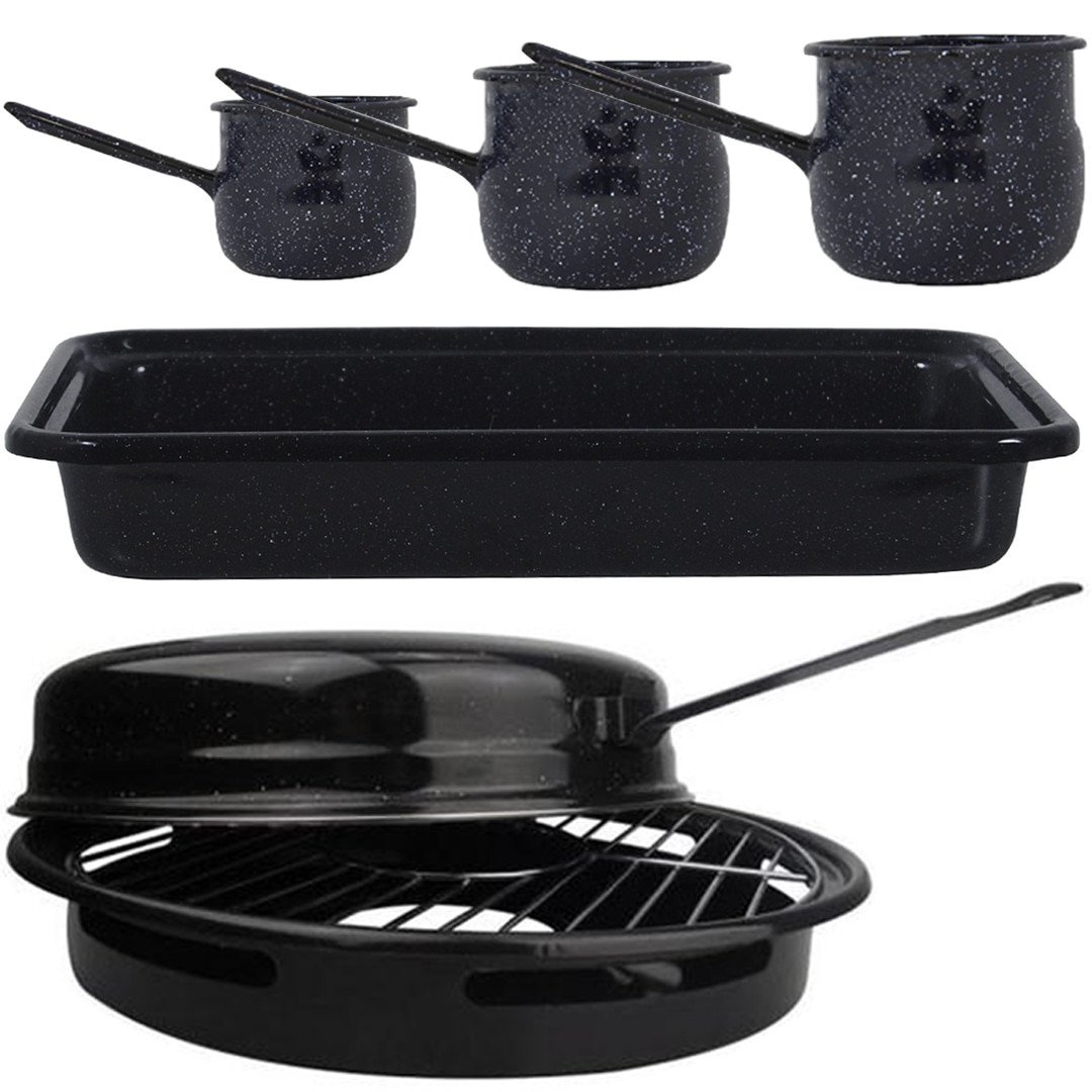 Pachet - 3 x Ibric negru bombat (600ml, 1L, 1.5L) + Grill emailat pentru aragaz + Tava emailata, 40cm