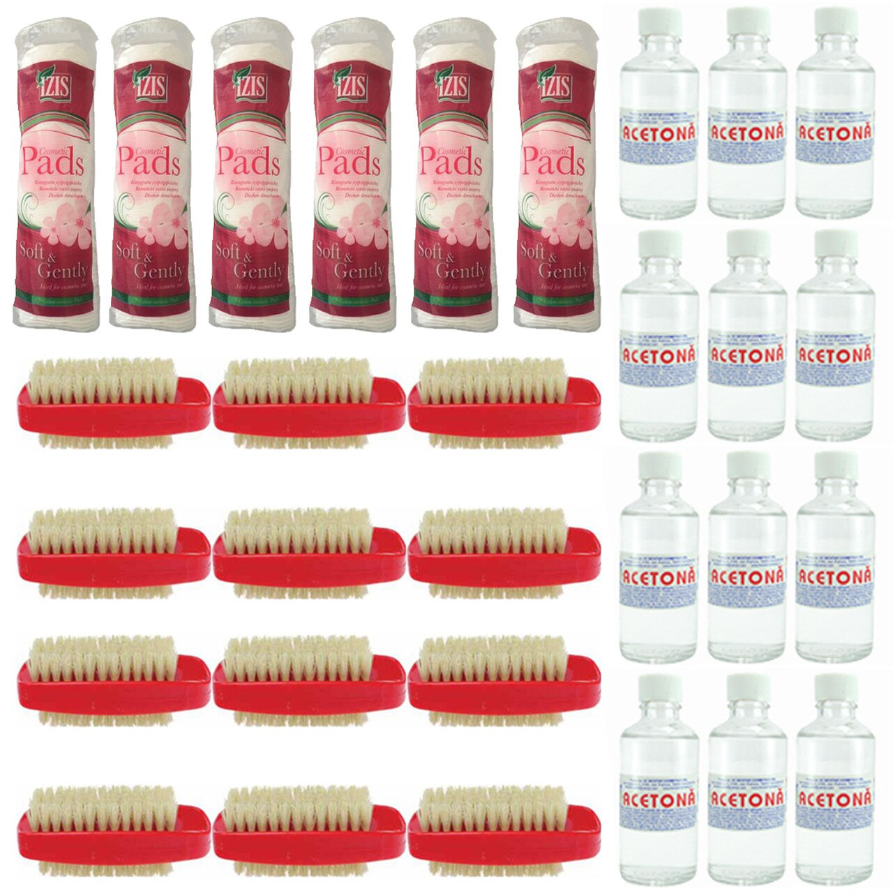 Pachet - 12 x Perie pentru unghii cu par pe ambele parti + 12 x Acetona, 50ml + 6 x Set dischete, 70buc/set