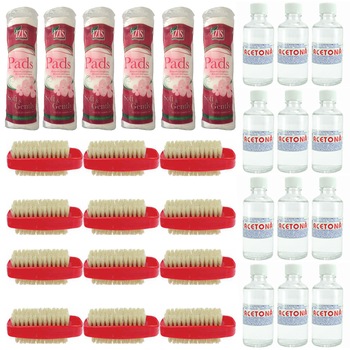 Pachet - 12 x Perie pentru unghii cu par pe ambele parti + 12 x Acetona, 50ml + 6 x Set dischete, 70buc/set Pachet - 12 x Perie pentru unghii cu par pe ambele parti + 12 x Acetona, 50ml + 6 x Set dischete, 70buc/set