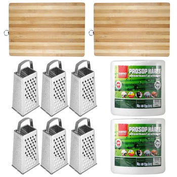 Pachet - 6 x Razatoare din inox pentru legume si fructe + 2 x Tocator din lemn, 38x28cm + 2 x Prosop bucatarie, Sano Professional, 100M Pachet - 6 x Razatoare din inox pentru legume si fructe + 2 x Tocator din lemn, 38x28cm + 2 x Prosop bucatarie, Sano Professional, 100M