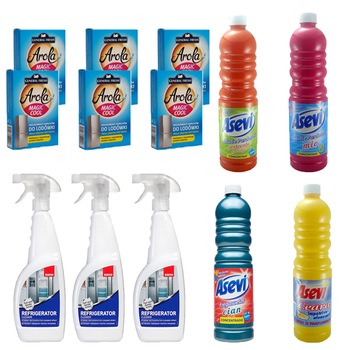 Pachet - 3 x Sano Refrigerator cu pulverizator pentru frigider, 750ml + 6 x Arola Magic Cool, Odorizant frigider + Asevi ceara, 1L + Asevi solutie pardoseli portocala, 1L + Asevi solutie pardoseli mio, 1L + Asevi solutie pardoseli cian, 1L Pachet - 3 x Sano Refrigerator cu pulverizator pentru frigider, 750ml + 6 x Arola Magic Cool, Odorizant frigider + Asevi ceara, 1L + Asevi solutie pardoseli portocala, 1L + Asevi solutie pardoseli mio, 1L + Asevi solutie pardoseli cian, 1L