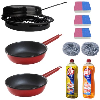 Pachet - 2 x Tigaie teflonata, 24cm + Grill emailat + 2 x Pur Power detergent de vase, 900ml (lemon, orange and grapefruit) + 3 x Set bureti vase Hillox, 2buc./set + 2 x Burete sarma Pachet - 2 x Tigaie teflonata, 24cm + Grill emailat + 2 x Pur Power detergent de vase, 900ml (lemon, orange and grapefruit) + 3 x Set bureti vase Hillox, 2buc./set + 2 x Burete sarma