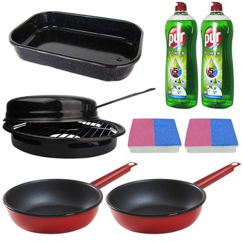 Pachet - 2 x Tigaie teflonata, 26cm + Grill emailat cu capac + Tava emailata, 36cm + 2 x Pur Detergent lichid de vase, mar verde, 750ml + 2 x Set Bureti de vase, 2buc/Set Pachet - 2 x Tigaie teflonata, 26cm + Grill emailat cu capac + Tava emailata, 36cm + 2 x Pur Detergent lichid de vase, mar verde, 750ml + 2 x Set Bureti de vase, 2buc/Set