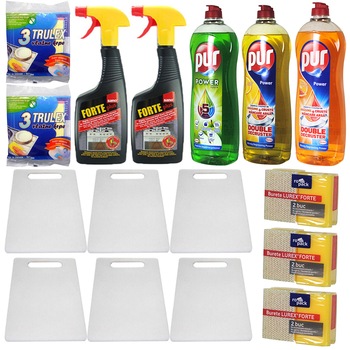 Pachet - 6 x Tocator dreptunghiular din plastic, 33.cmx20cm + 3 x Pur Detergent de vase, 750ml + 3 x Set Bureti de Vase, 2buc/Set + 2 x Sano Forte Solutie aragaz, 500ml + 2 x Set Lavete umede, 3buc/Set Pachet - 6 x Tocator dreptunghiular din plastic, 33.cmx20cm + 3 x Pur Detergent de vase, 750ml + 3 x Set Bureti de Vase, 2buc/Set + 2 x Sano Forte Solutie aragaz, 500ml + 2 x Set Lavete umede, 3buc/Set