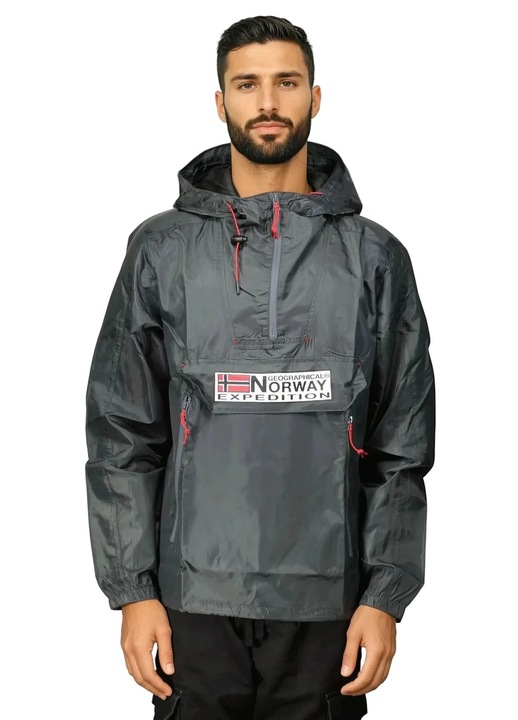 Мъжко яке Geographical Norway Choupa, сиво, полиестер, защита от вятър и дъжд, регулируема качулка