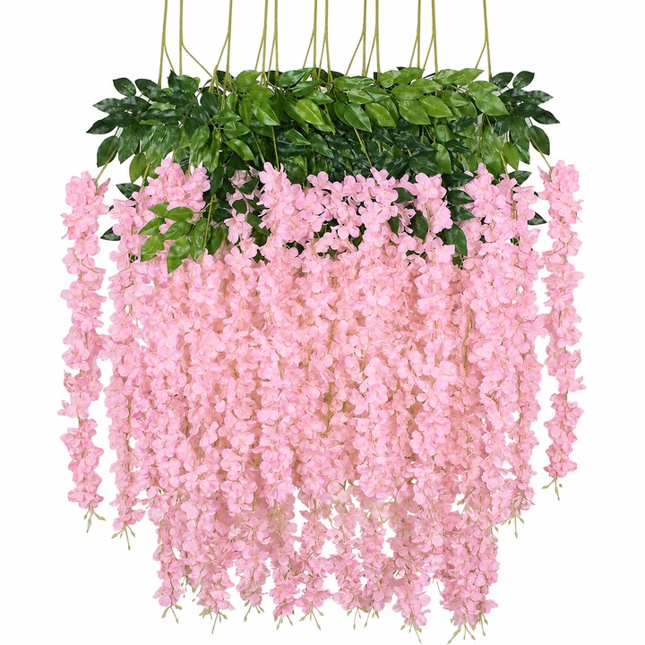 Set 12 plante artificale, ComResi®, Matase/Plastic, Roz/Verde
