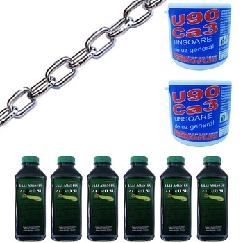 Pachet - 10M x Lant zincat, 4mm + 6 x Ulei amestec drujba, 2 timpi, 0.5L + 2 x Unsoare/vaselina de uz general U90 Ca3, 200g Pachet - 10M x Lant zincat, 4mm + 6 x Ulei amestec drujba, 2 timpi, 0.5L + 2 x Unsoare/vaselina de uz general U90 Ca3, 200g