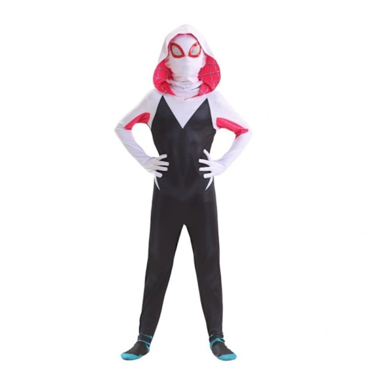 Costum cosplay Spider-Man Gwen, salopeta, rosu-alb, 150cm
