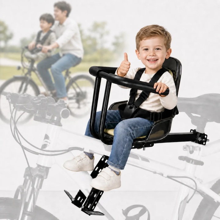 Scaun de copil pentru bicicleta cu prindere pe bara orizontala din fata, BIGLISTENING®, montare frontala, Cu centura de siguranta si Suport de Picioare, sarcina maxima 40 kg, Negru/Gri