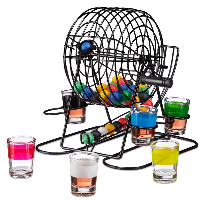 Relaxdays Bingo társasjáték kerékkel és shot poharakkal, többszínű