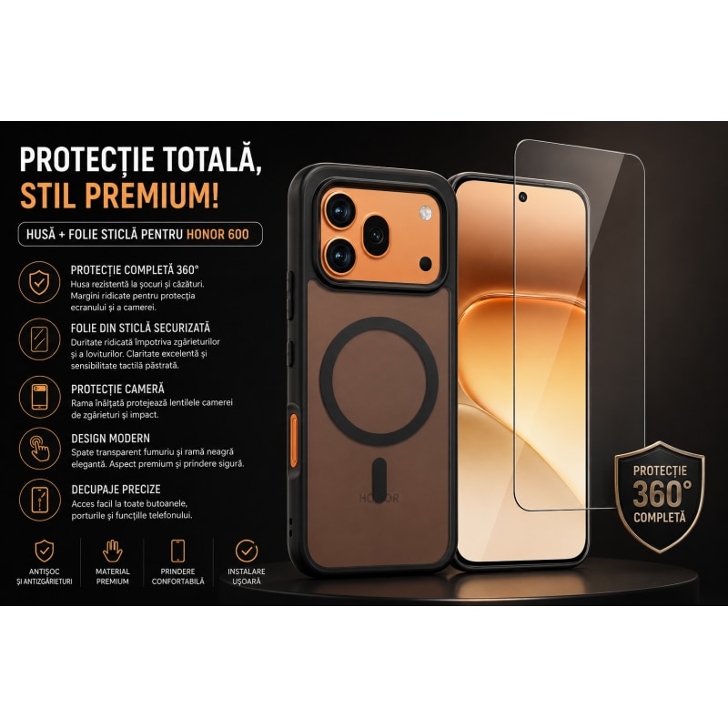 Pachet Husa + Folie Sticla Upzz® Pure Compatibila Cu Honor 600 PRO, Protectie Completa, Design Premium, Negru