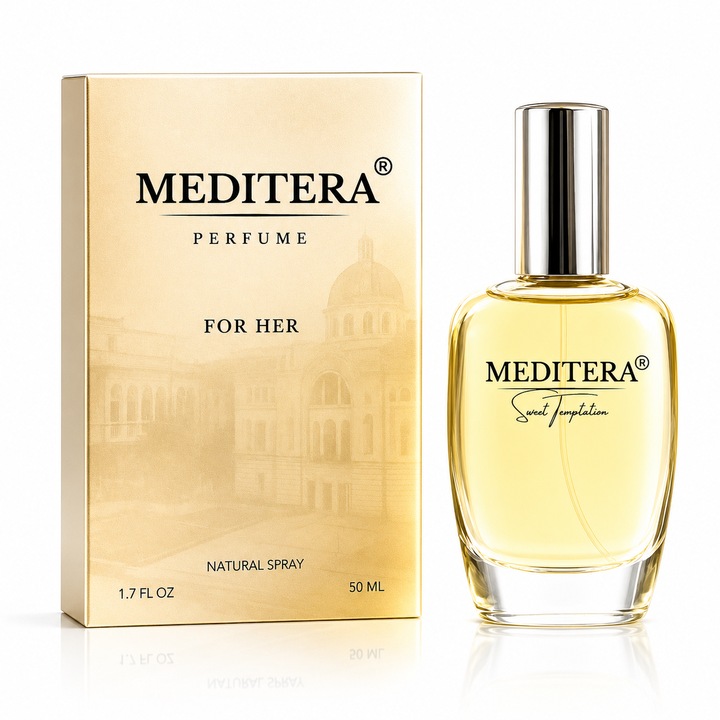 Meditera Sweet Temptation Parfum Femei 50 ml, Siaj Mare, Persistenta 8 Ore, Aroma Dulce Gurmanda Senzuala cu Cafea, Migdale, Iasomie Sambac, Tonka si Cacao