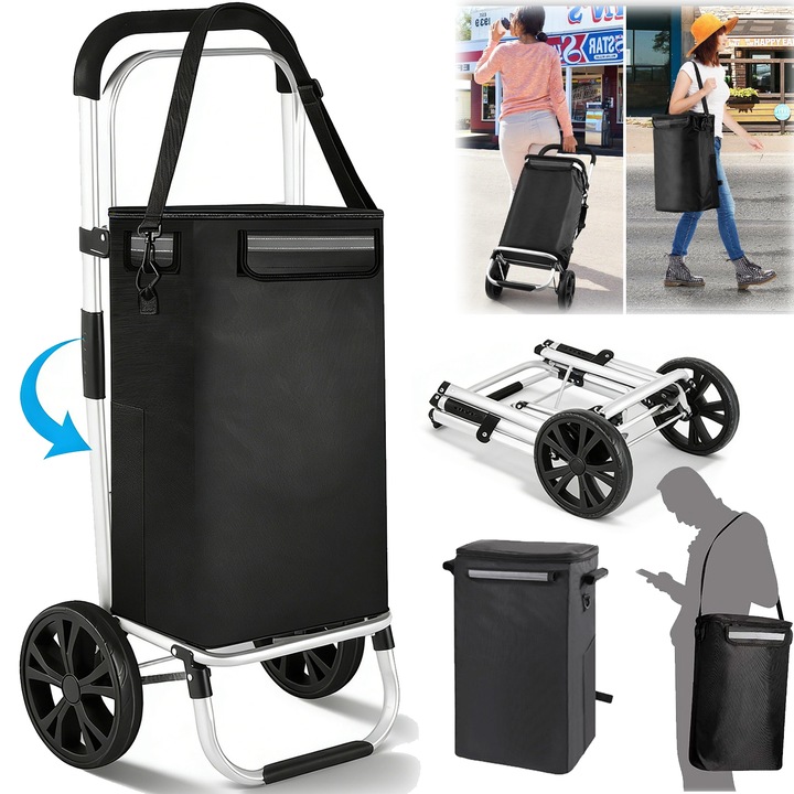 Bevásárlókocsi, összecsukható, Vállpántokkal, hűtőrekesszel, 37L. Alumínium váz+Oxford szövet. Ergonomikus fogantyú, 2 simán guruló kerék, könnyen húzható. Multifunkcionális, lépcsőmászó. Szakadásálló, tartós, vízálló. Max 30 kg