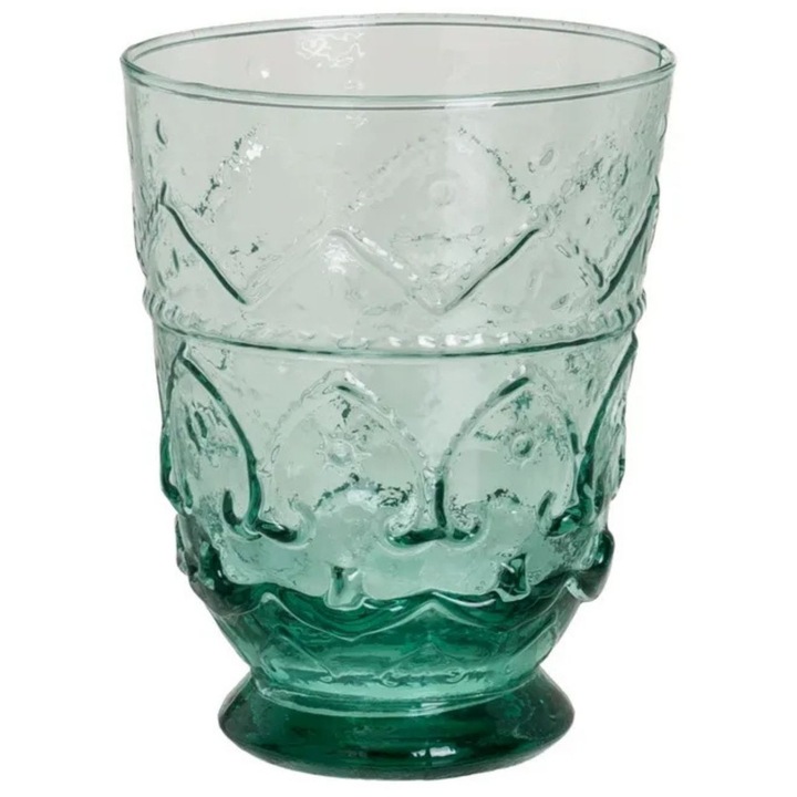 Чаша от рециклирано стъкло, HowHomely, BOMBAY GLASS GREEN, Декоративна текстура с фини ивици, които улесняват захващането, Елегантен зелен нюанс, който подчертава екологичния характер, Идеална за вода или сок, Вместимост 350 ml, Зелен