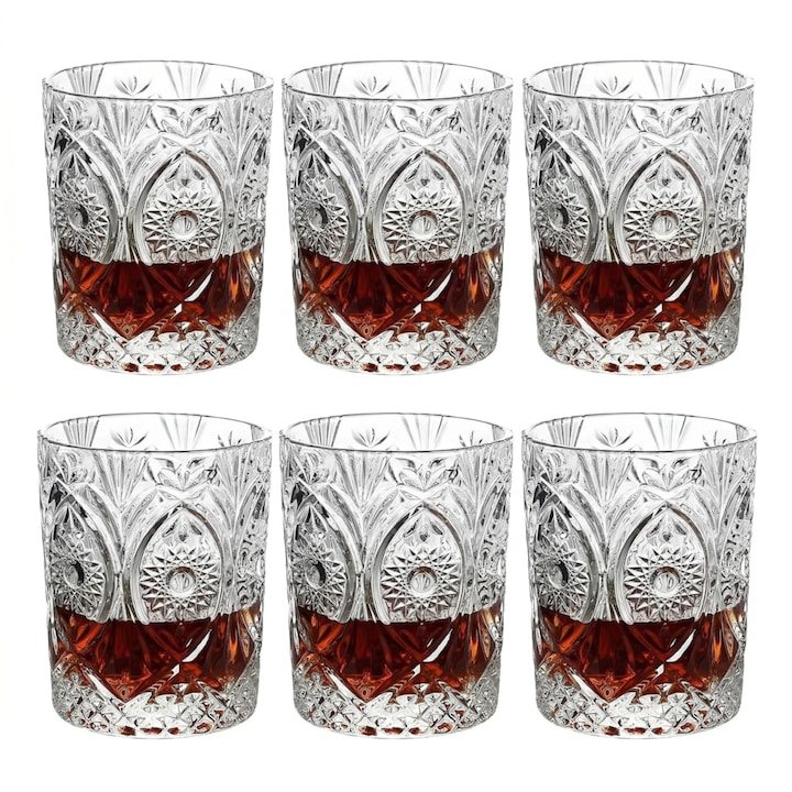 6 db átlátszó, faragott üveg pohár készlet, tumbler típusú, bár koktélokhoz, italokhoz és whiskey-hez, 225ml MADGENIX