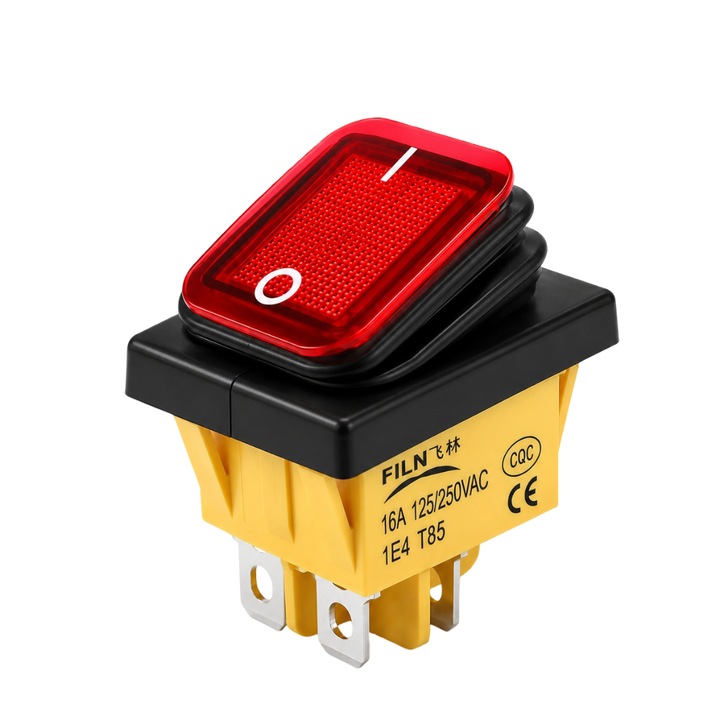 Billenő kapcsoló ON-OFF, KCD4-0111-21, 4 tűs, 250VAC, 16A, 30x22mm, piros LED, reteszelő, IP65