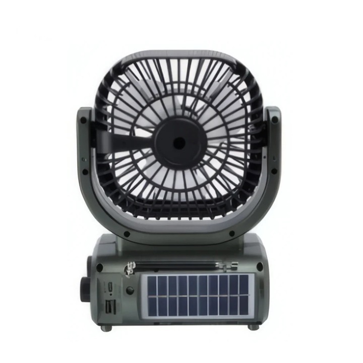 Ventilator Puternic Portabil Cu Incarcare Solara Si Radio FM, Design compact, Baza rabatabila, negru