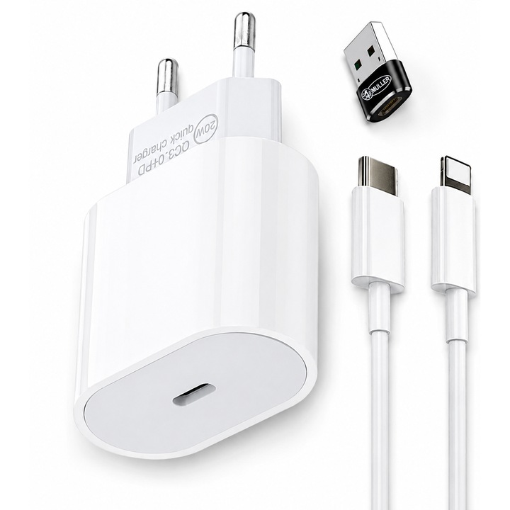 USB-C Lightning kábel szett, 1 m hosszúságú, OTG Müller® Type-C-ről USB-A-ra és 20W-os USB-C adapterrel, Apple iPhone kompatibilis, Fehér
