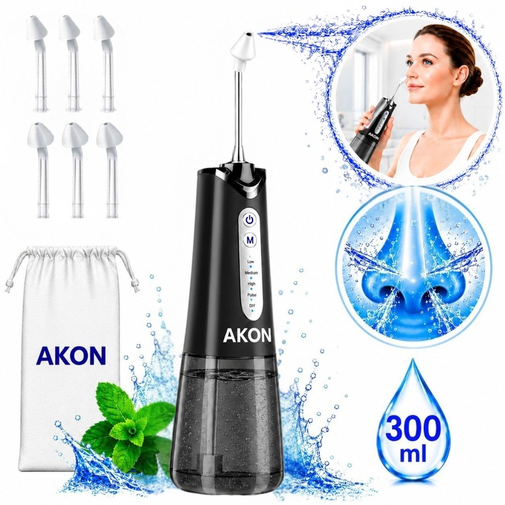 Irigator Nazal Electric Profesional AKON®, Lavaj Nazal, Igiena nazala copii si adulti, 5 trepte de presiune de la delicat la intens, Curatare Sinusuri si Decongestie Nazala, Portabil, Fara Fir, IPX7, Rezervor 300 ML, Negru