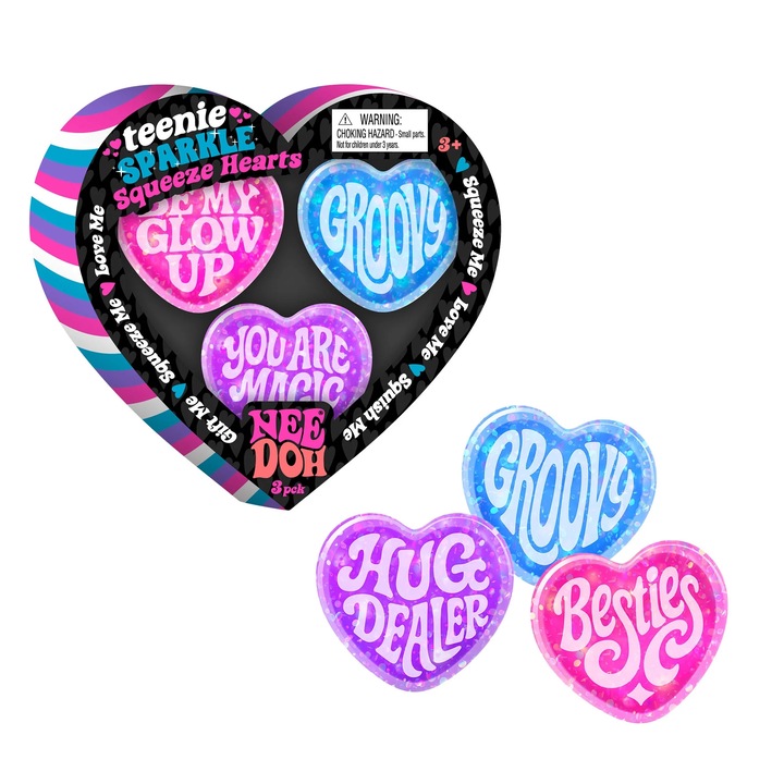 NeeDoh Teenie Sparkle interaktív játék, 3 színes szív szett, 3,8cm, rózsaszín-kék-lila