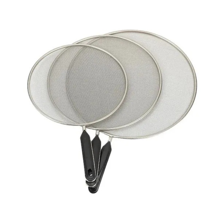 Set 3 capace protectie stropire inox, marimi 25x29x33cm, maner negru