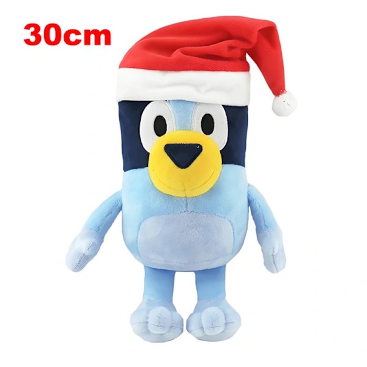 Плюшена играчка Bluey Bingo, 20x30см, синя, с коледна шапка и светещи очи