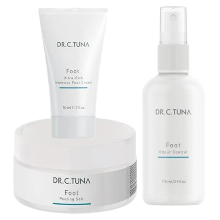 Set 3 produse Dr. C Tuna Foot pentru ingrijirea picioarelor, Farmasi - Sare Exfolianta 250 ml, Crema hidratanta Ultra-Rich Intensive 50 ml, Spray deodorant pentru picioare 115 ml