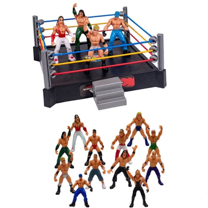Set figurine mini luptatori wrestling cu ring patrat si accesorii multicolor