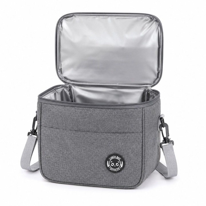 Geanta Termica Lunch Bag Travel 26x18x14 cm, Design Modern, Interior Termoizolant, Fermoar Dublu, Curea Ajustabila, Gri