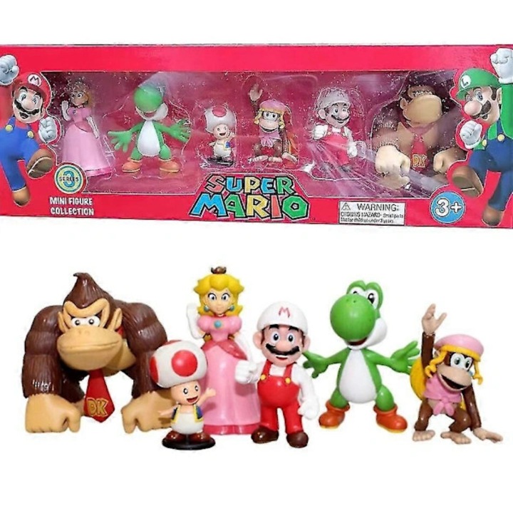 Комплект от 6 PVC фигурки Super Mario Bros Луиджи Йоши Донки Конг многоцветни 4x7см