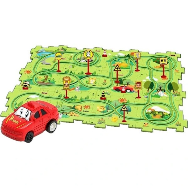 Montessori stílusú, összekapcsolható, oktató pálya/puzzle szett autókkal, 3+ éves gyermekeknek, zöld/piros, 1 szett