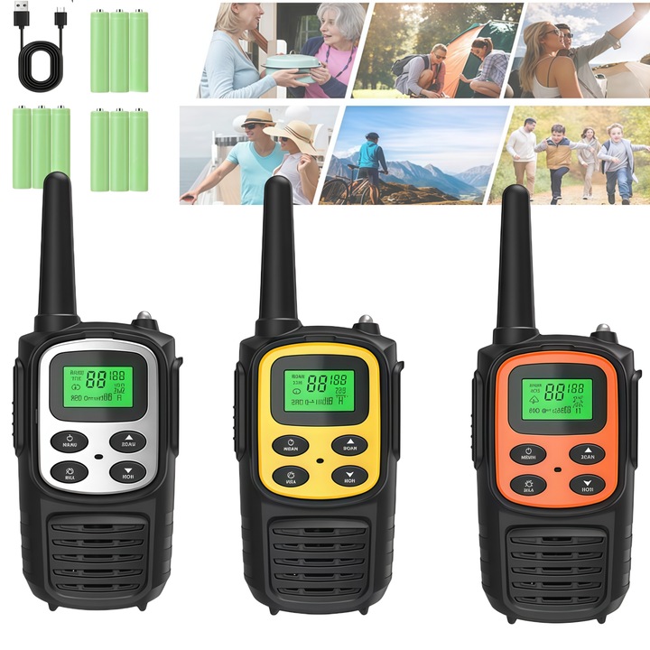3 db hordozható rádió adó-vevő szett, 3 db walkie-talkie szett, kommunikációs hatótávolság akár 8 km, 8 frekvencia csatorna 99 CTCSS-sel, LCD kijelző, újratölthető akkumulátor, USB asztali töltő és fülhallgató mikrofonnal, nagy távolság