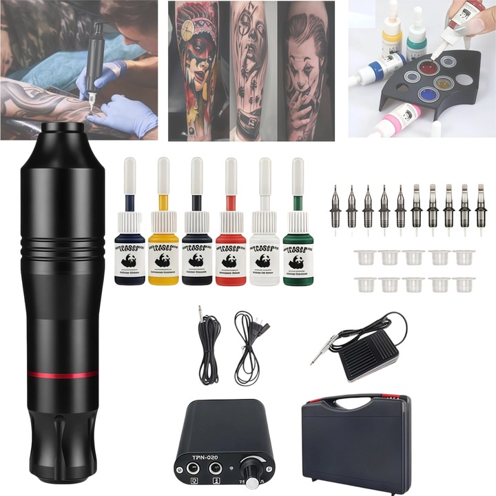 Set de masina de tatuat, NovaHub-QW, masini rotative de tatuaj cu viteza 10000 RPM, cu 1 pen rotativ+10 ace+10 cupe cerneala+5 cerneala 6ml+, Portabil, functioneaza mult timp, Potrivit pentru incepatori, profesional，Negru