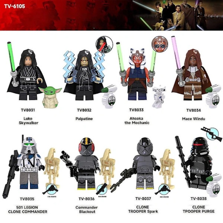 Комплект от 8 фигурки Star Wars, Люк Скайуокър, Мейс Уинду, многоцветни, мини, 6+ години