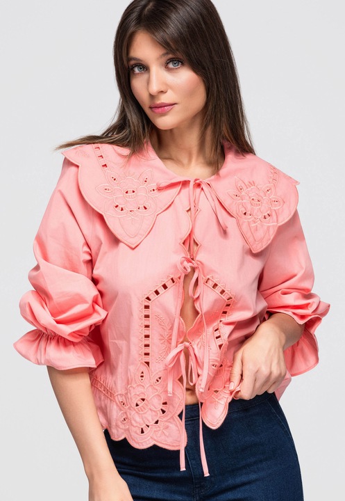 Női ing, laza fazon, hosszú ujjú, virágmintás, Korall, ONESIZE